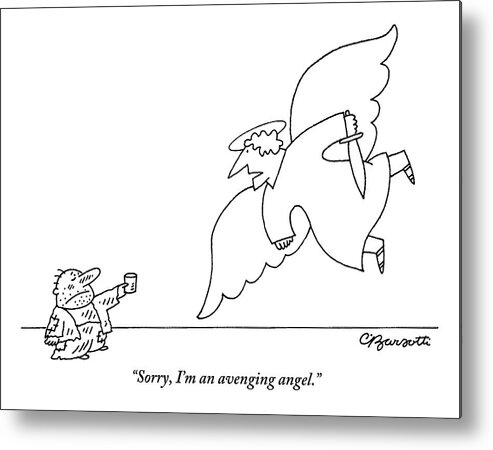 Beggars Metal Print featuring the drawing Beggar Reaches Cup Up To Angel To Ask For Money by Charles Barsotti
