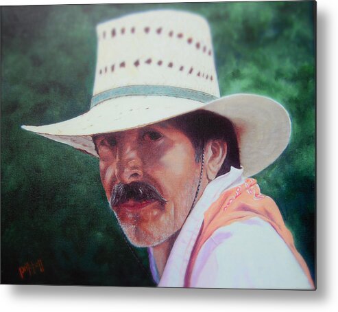Portrait Or A Rancher In South Texas. The Artists Paint Portraits From Life And From Photos. They Start At $500 And Go Up Depending On Size And Time Involved. Metal Print featuring the painting Benito by Paul Pritchett