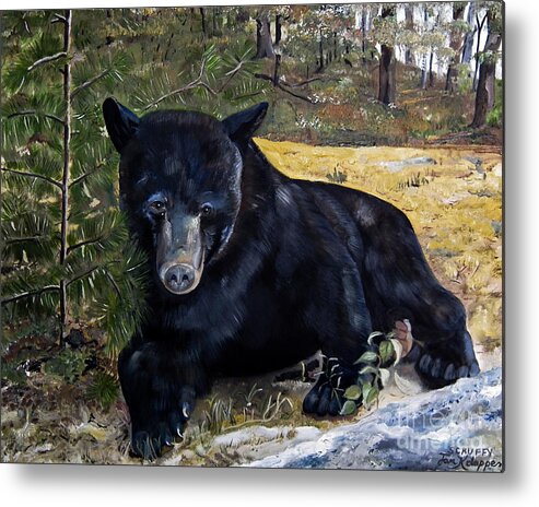 Black Bear Metal Print featuring the painting Black Bear - Scruffy - Signed by Artist by Jan Dappen