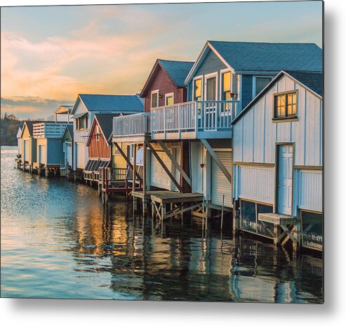 Lake Metal Print featuring the photograph Boathouses in the Golden Hour by Lou Cardinale
