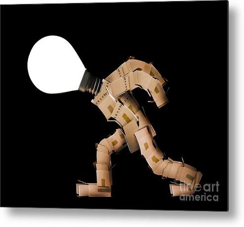 Power Metal Print featuring the photograph Box character with light bulb head by Simon Bratt