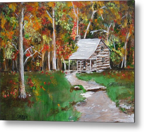 Cabin Metal Print featuring the painting Cabin in the woods by Kathy Stiber