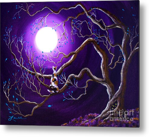 Landscape Metal Print featuring the painting Calico Cat in Haunted Tree by Laura Iverson