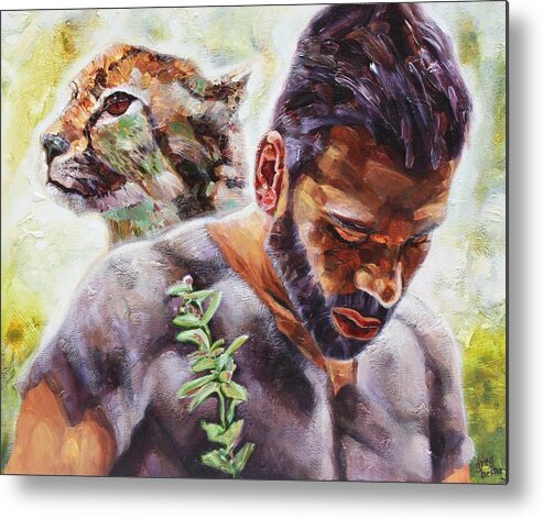 Male Metal Print featuring the painting Cat and man two by Greg Hester
