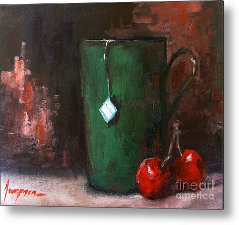 Still Life Metal Print featuring the painting Cherry Tea in green mug painting by Patricia Awapara