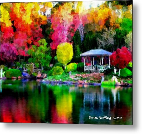 Colorful Metal Print featuring the painting Colorful Park at the Lake by Bruce Nutting