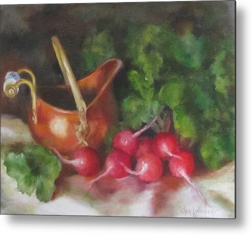 Copper Metal Print featuring the painting Copper Pot and Radishes Still Life Painting by Cheri Wollenberg