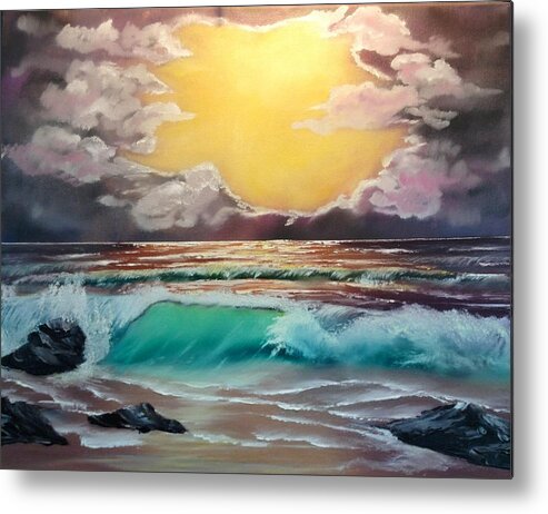  Oil Metal Print featuring the painting Crashing wave at sunrise by Kevin Brown