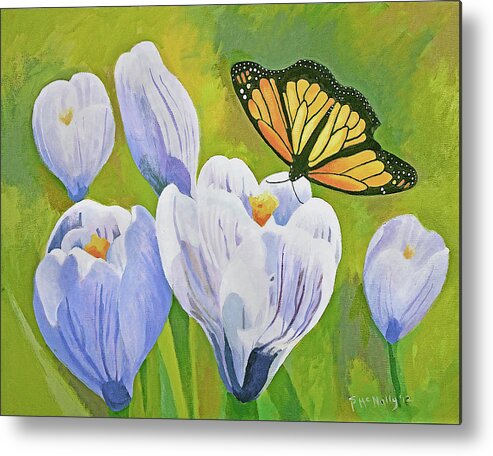 Monarch Metal Print featuring the painting Crocus and Monarch Butterfly by Susan McNally