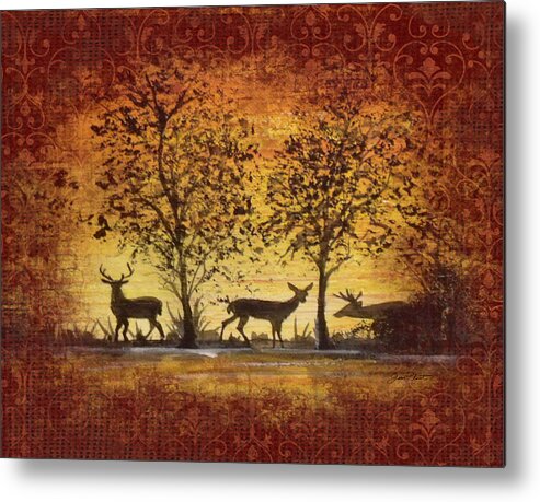 Deer Painting Metal Print featuring the painting Deer at Sunset on Damask by Jean Plout