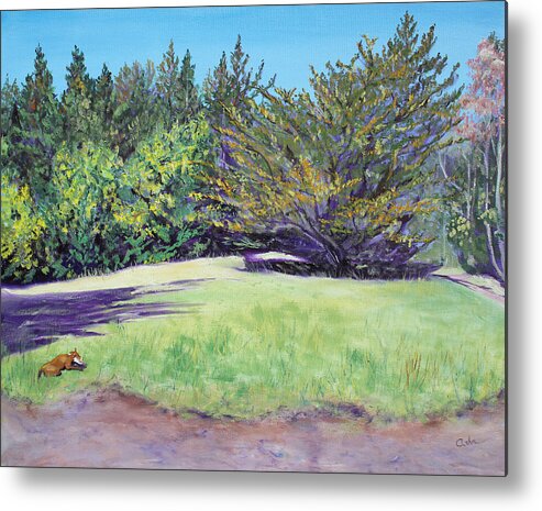 Landscape Painting Metal Print featuring the painting Dog with Bone in Spring Meadow by Asha Carolyn Young
