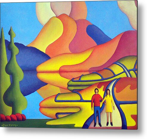 Lovers Metal Print featuring the painting Dreamscape with lovers by lake by Alan Kenny