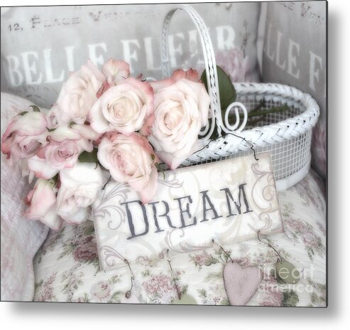 Shabby Chic Romantic Roses Metal Print featuring the photograph Dreamy Shabby Chic Romantic Cottage Chic Roses In White Basket by Kathy Fornal