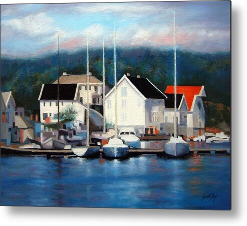 Seascape Metal Print featuring the painting Farsund Dock Scene Painting by Janet King