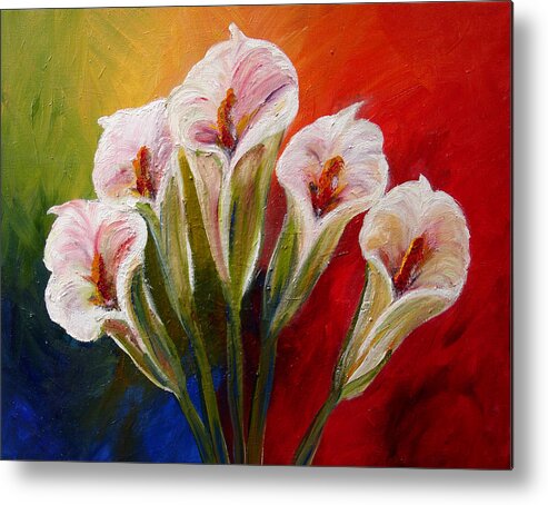 Flowers Metal Print featuring the painting Five Cala Lillies print by Mary Jo Zorad