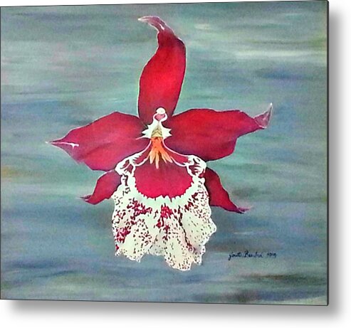 Red Metal Print featuring the painting Flaming Orchid by Joetta Beauford