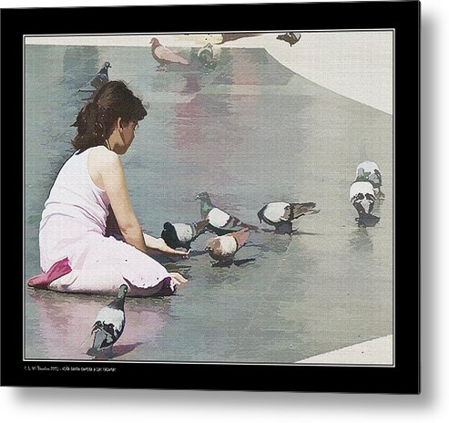 Mystery Metal Print featuring the photograph Girl feeding pigeons by Pedro L Gili