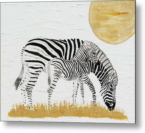 Zebra Metal Print featuring the painting Grazing Together by Stephanie Grant