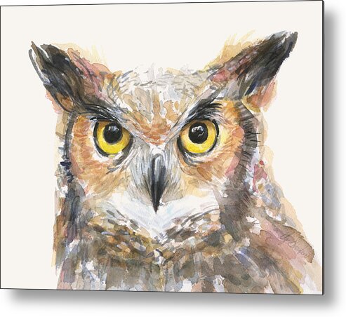 Owl Metal Print featuring the painting Great Horned Owl Watercolor by Olga Shvartsur