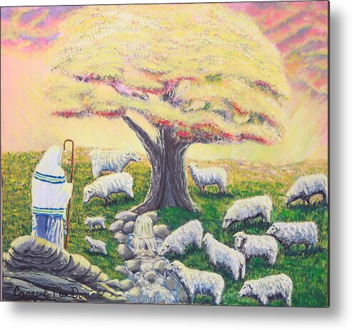  Landscape Of Jesus And Sheep Prints Tree Metal Print featuring the painting Green Pasture by Carey MacDonald