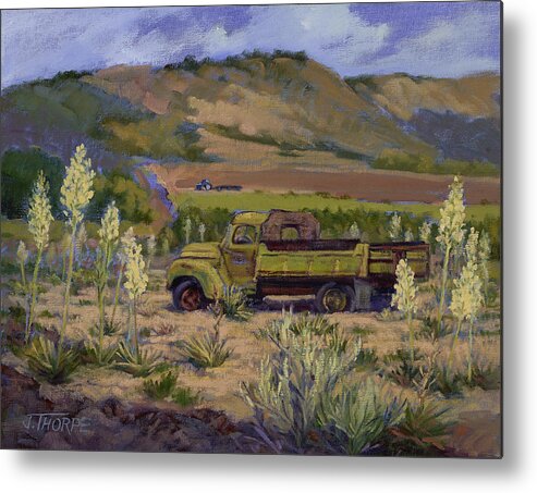 Green Truck Metal Print featuring the painting Green Truck- Blooming Yuccas by Jane Thorpe