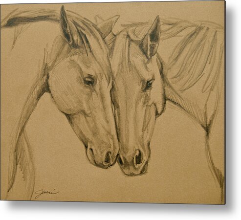 Horses Metal Print featuring the drawing Greetings Friend by Jani Freimann