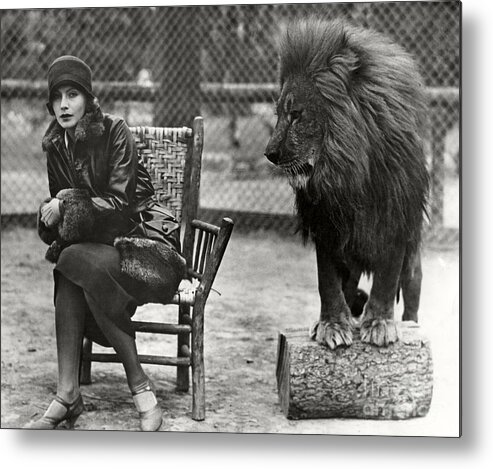 Lion Metal Print featuring the photograph Greta Garbo and Leo the Lion in 1926 by Sad Hill - Bizarre Los Angeles Archive