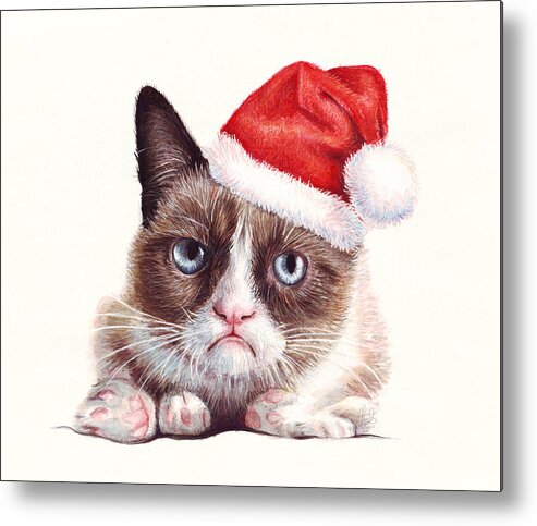 Grumpy Metal Print featuring the painting Grumpy Cat as Santa by Olga Shvartsur