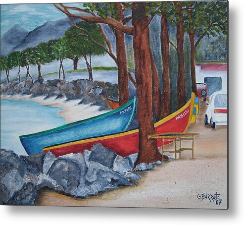 This Is The Old Road By The Ocean That Takes People To A Park In Aguadilla Metal Print featuring the painting Hacia Parque De Colon by Gloria E Barreto-Rodriguez