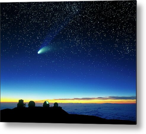 Astronomy Metal Print featuring the photograph Hale-bopp Comet And Telescope Domes by David Nunuk