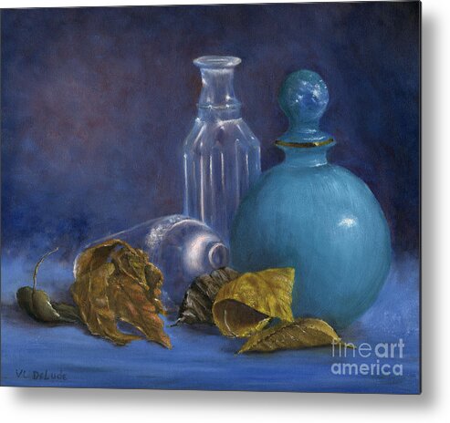 Art Metal Print featuring the painting Hand Painted Still Life Bottles Leaves by Lenora De Lude