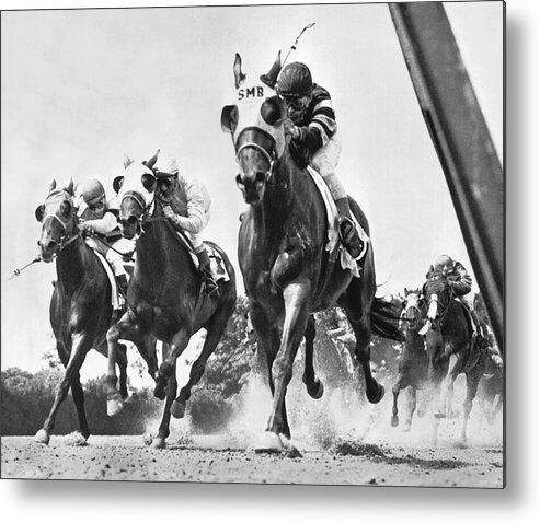 1950's Metal Print featuring the photograph Horse Racing At Belmont Park by Underwood Archives