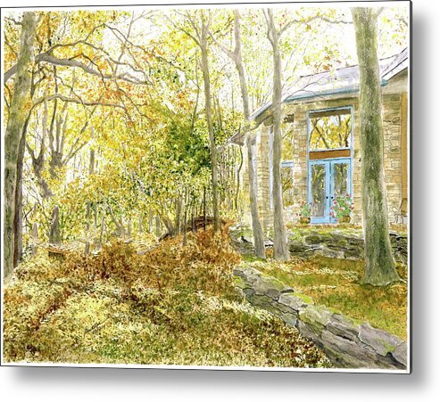 Golden Leaves Metal Print featuring the painting House on Grandmother Mountain - Golden Moments by Joel Deutsch