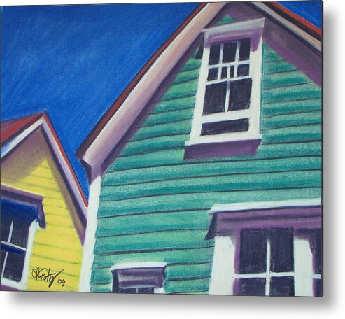 House Art Metal Print featuring the painting Houses Green and Yellow by Michael Foltz
