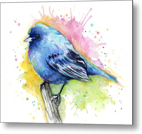 Blue Metal Print featuring the painting Indigo Bunting Blue Bird Watercolor by Olga Shvartsur