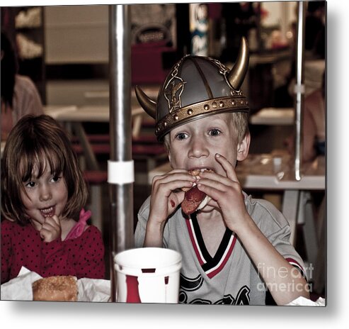 Is She Adoring Her Viking Or Coveting His Lunch Metal Print featuring the photograph Is She Adoring her Viking or Coveting his Lunch by Sandi Mikuse