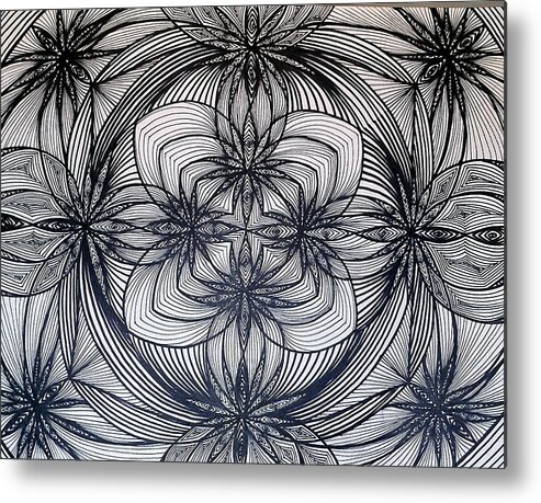 Weed Pot Lines Marijuana Legalize It Black And White Trippy Hippy Abstract Optical Illusion Fractal Crazy Metal Print featuring the drawing Janes Waves by Sarah Yencer