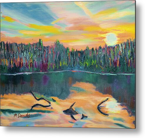 Sun Metal Print featuring the painting Lake Schwartzwood Sunset by Michael Daniels