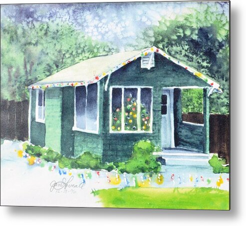 Still-life Metal Print featuring the painting Little Green House at Christmas by Jane Loveall