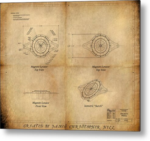 Steampunk; Gears; Housing; Cogs; Machinery; Lathe; Columns; Brass; Copper; Gold; Ratio; Rotation; Elegant; Forge; Industry; Jules Verne Metal Print featuring the painting Magneto System Blueprint by James Hill
