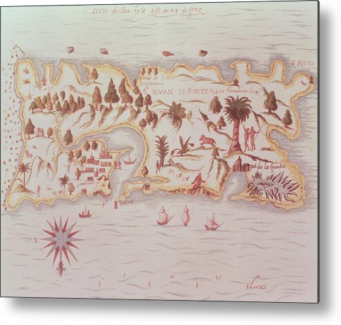 Puerto Rico Metal Print featuring the drawing Map of the island of Puerto Rico by Samuel de Champlain