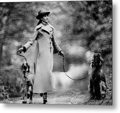 Accessories Metal Print featuring the photograph Marisa Berenson Walking Two Dogs by Arnaud de Rosnay