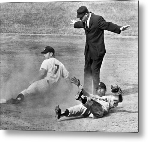 1961 Metal Print featuring the photograph Mickey Mantle Steals Second by Underwood Archives