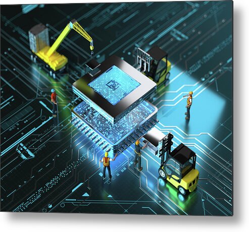 Accuracy Metal Print featuring the photograph Miniature Workers Building Computer by Ikon Images