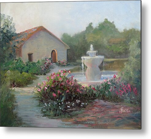 Mission Fountain Metal Print featuring the painting Mission Fountain by Judy Fischer Walton