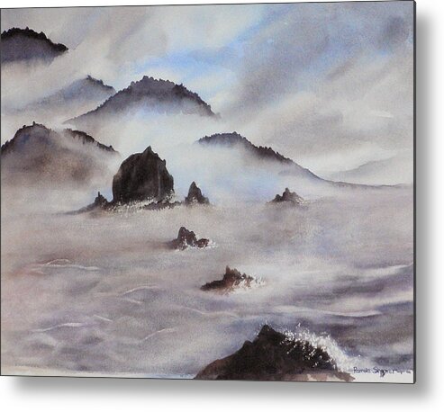 Mists Metal Print featuring the painting Mists of Haystack Rock by Pamela Shearer