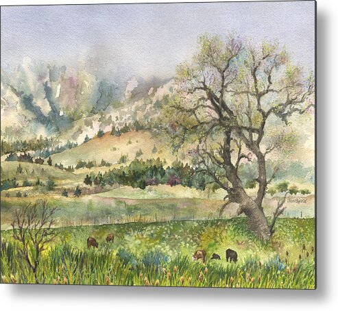 Flatirons Painting Metal Print featuring the painting Misty Flatirons by Anne Gifford