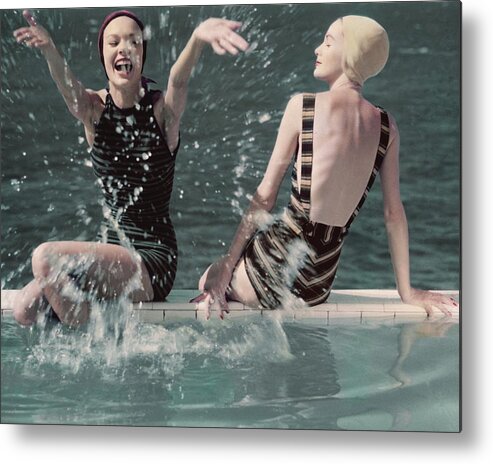 Two People Metal Print featuring the photograph Models Splashing Water While Sitting On The Edge by Frances McLaughlin-Gill