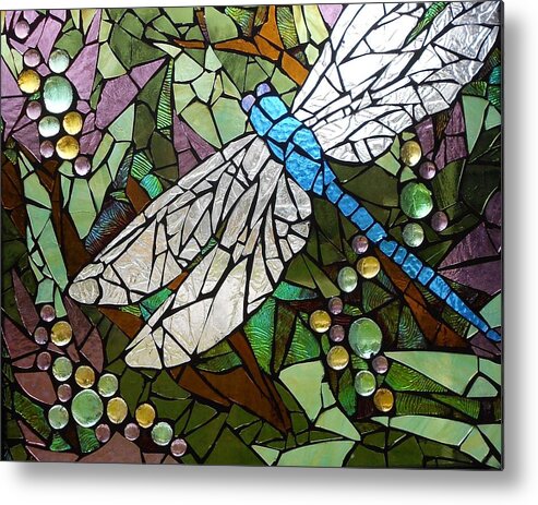 Stained Glass Metal Print featuring the glass art Mosaic Stained Glass - Blue Dragonfly 50/50 by Catherine Van Der Woerd