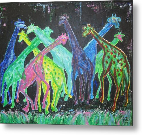 Giraffes Metal Print featuring the painting Neon Longnecks by Diane Pape